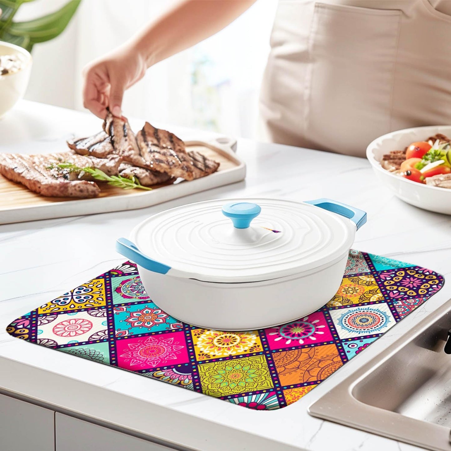 Plaid Floral Large Dish Drying Mats, Reversible Boho Dish Drying Pads for Kitchen Counter Foldable and Stored in a Drawer,18"x24" Extra Large Draining Mat Protect for Kitchen,Bar Counter,Coffee Make