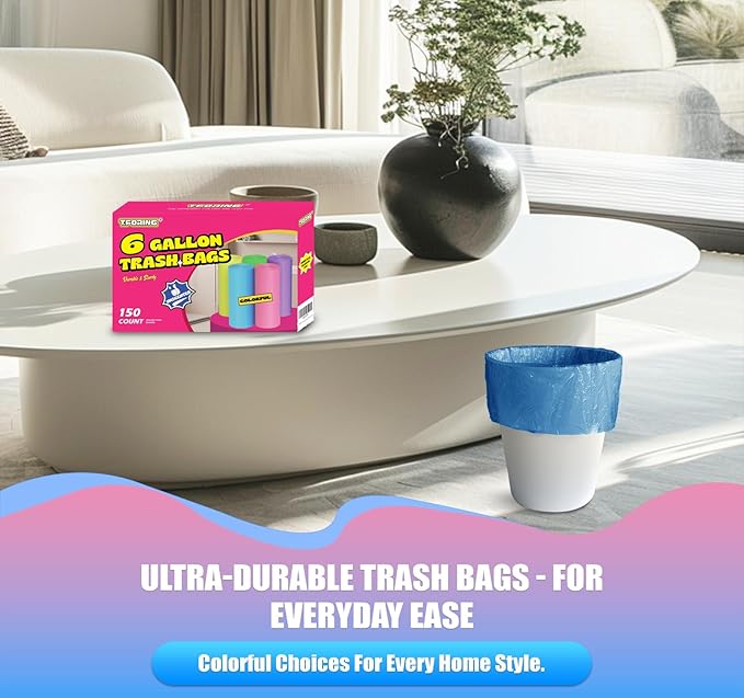 6 Gallon Trash Bags Colored 0.94 Mil Thick - 150 Count Medium Garbage Bags for Bathroom, 22 Liter Plastic Wastebasket Liners for Home Office Kitchen
