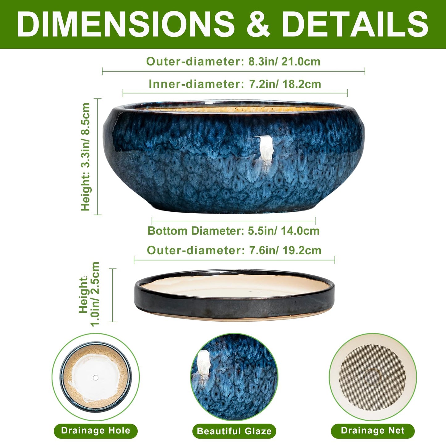 EPFamily Bonsai Pots 8 Inch - Ceramic Succulent Planter for Indoor Outdoor, Round Bonsai Planter with Drainage Hole and Saucer, Shallow Ceramic Planters Bowl, Patio Decor, Housewarming Gift, Blue