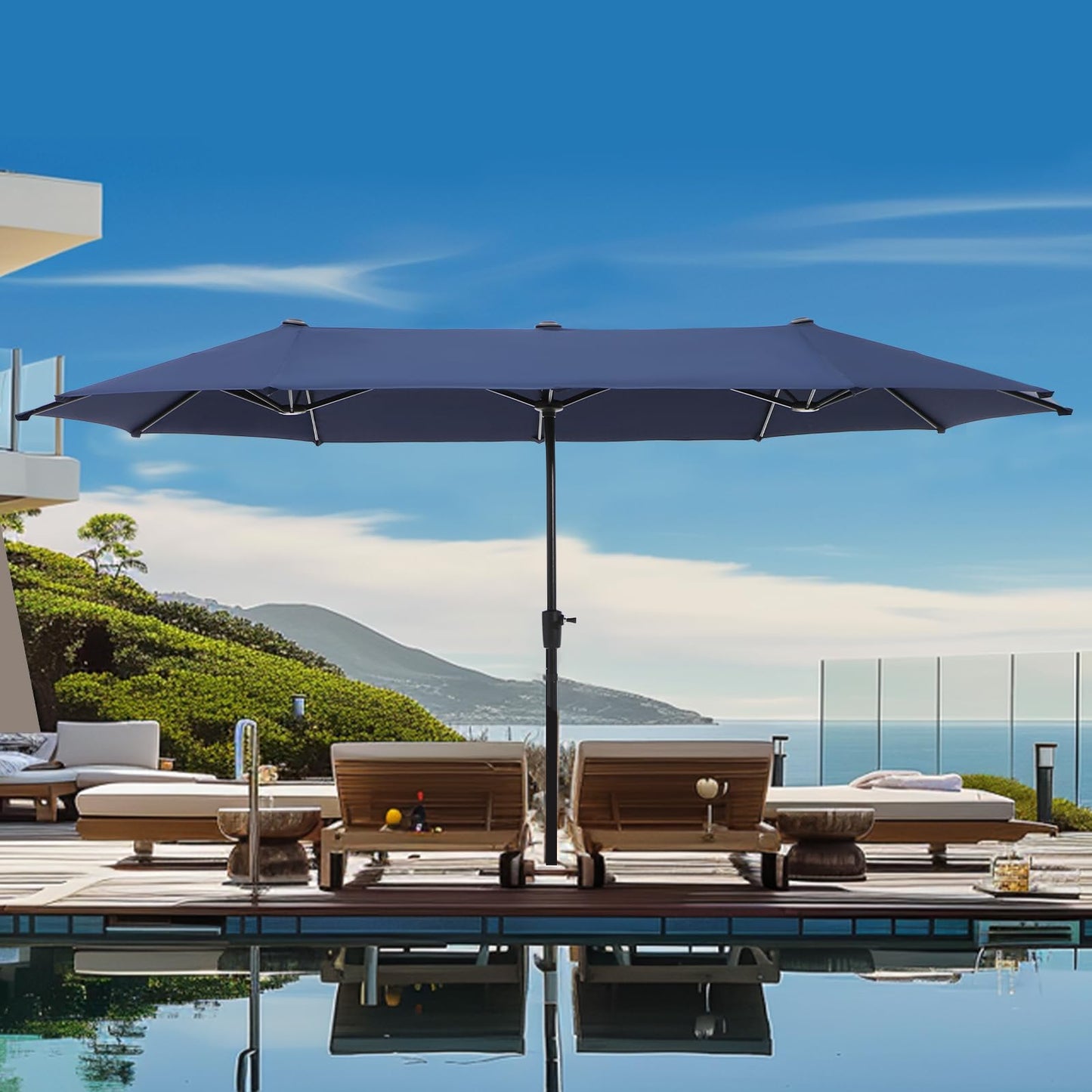 GREEN PARTY 13ft Rectangle Patio Umbrella, Double Sided Outdoor Table Umbrella with Crank & 1.5" Pole, Large Market Umbrella for Poolside Garden Deck Backyard, Navy Blue