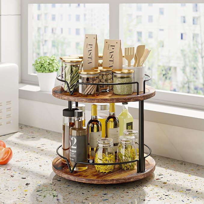 KLM 12" Wood Lazy Susan, Rotating Spice Rack, 2 Tier Spice Turntable Organizer, Industrial Turntable Spice Holder, for Kitchen Countertop and Cabinet, Compact and Versatile, Rustic Brown