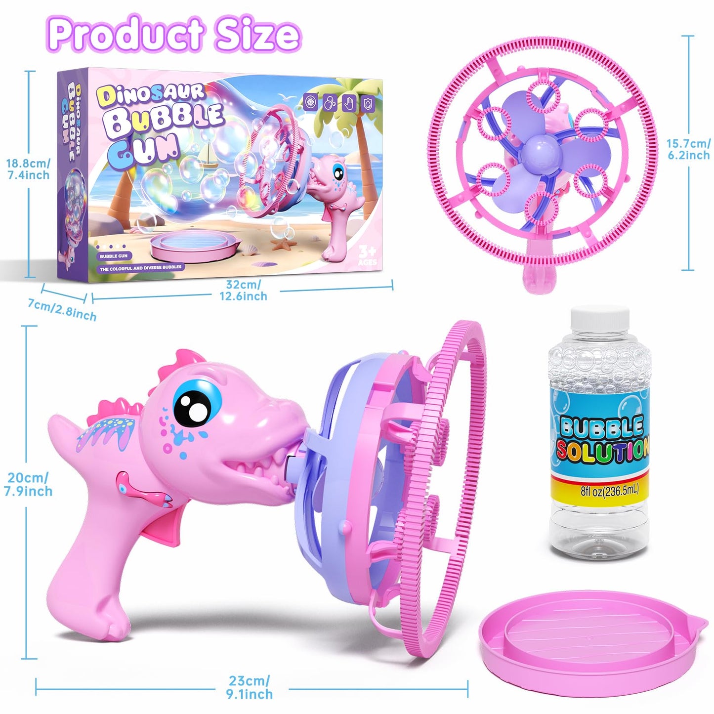 Dinosaur Bubble Gun for Kids - Bubble Machine with Bubble in Bubble, 1000+ Bubbles/Min Bubble Blower Toy, Toddler Outdoor Toys Birthday Easter for 3 4 5 6 7 8 Year Old Girls