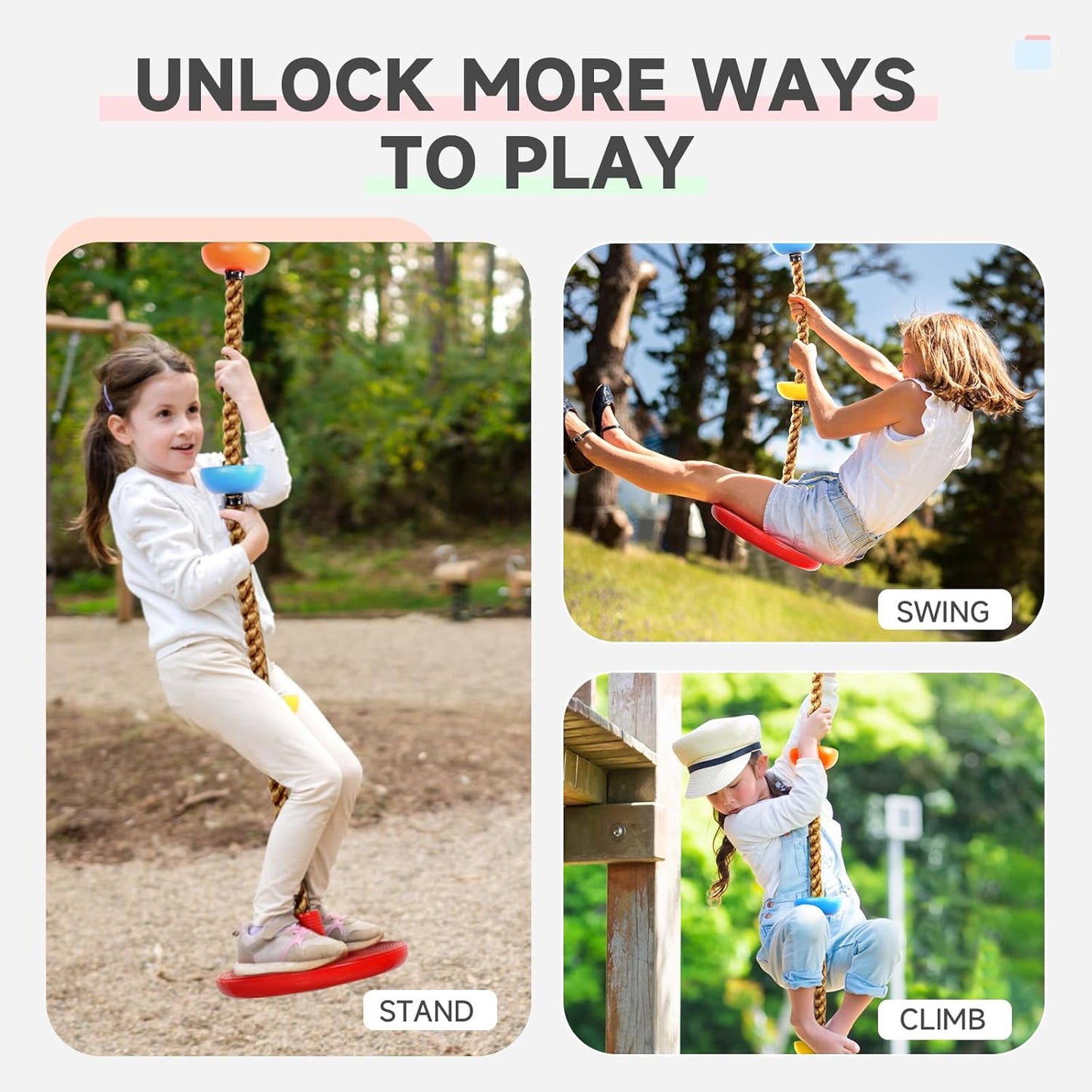 Climbing Rope Tree Swing with Platforms and Disc Swing Seat Set Outdoor Playground Accessories for Kids Including Hanging Strap & Carabiner Rope Swings for Tree Outdoor Swing Set Accessories
