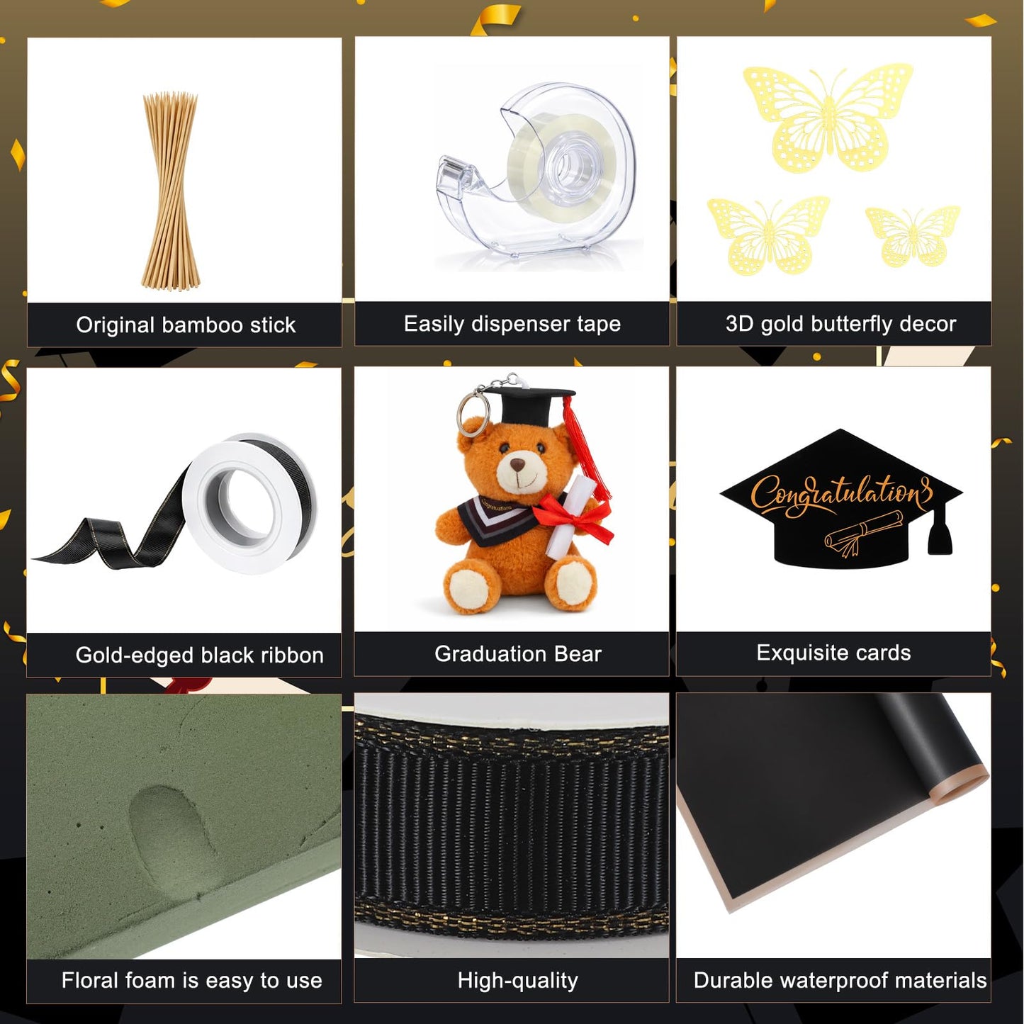 Suncalla 119 Pcs Graduation Gifts Money Bouquet Kit Class of 2026 Black Gold DIY Flower Wrapping Paper DIY Bouquet with Congrats Grad Card for Middle High School College Women Men
