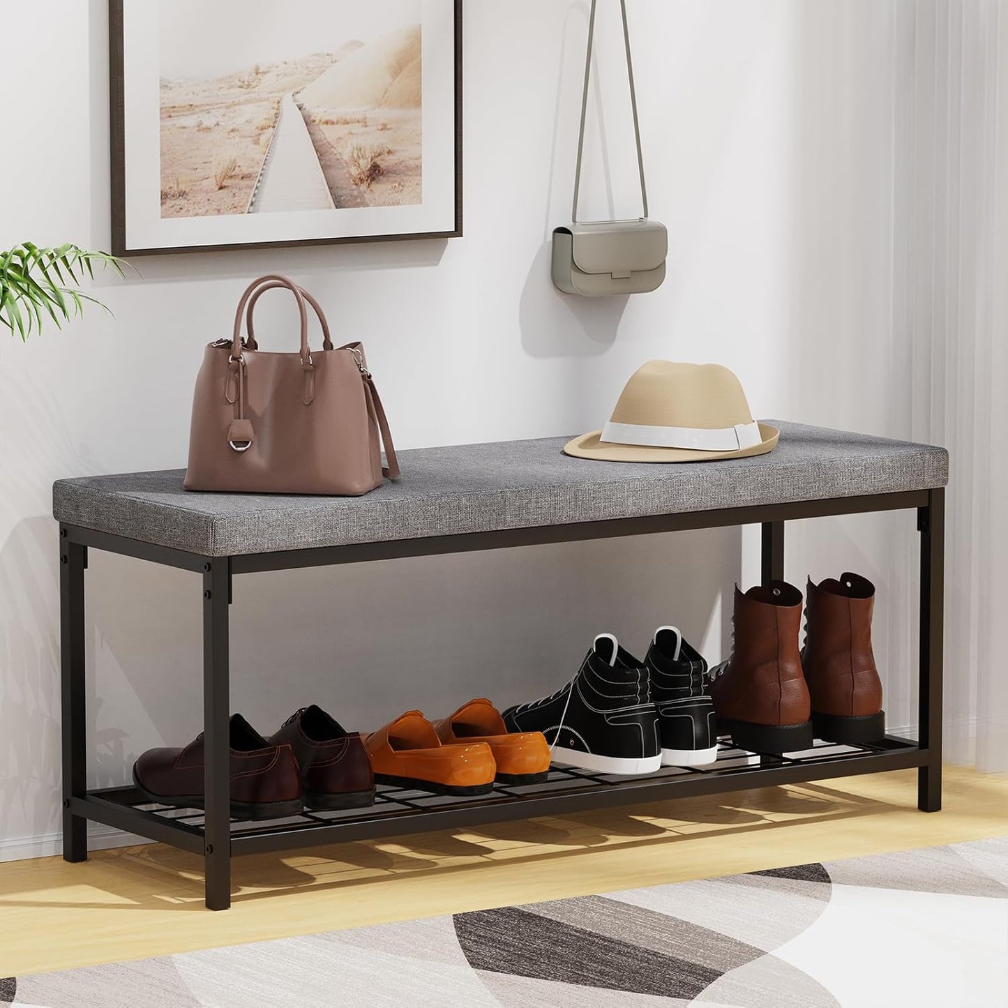 Shoe Bench, Entryway Bench with Cushion Seat, Shoe Rack Bench with Storage, Modern Style, Holds Up to 350 lb, for Living Room, Bedroom, Hallway, Grey
