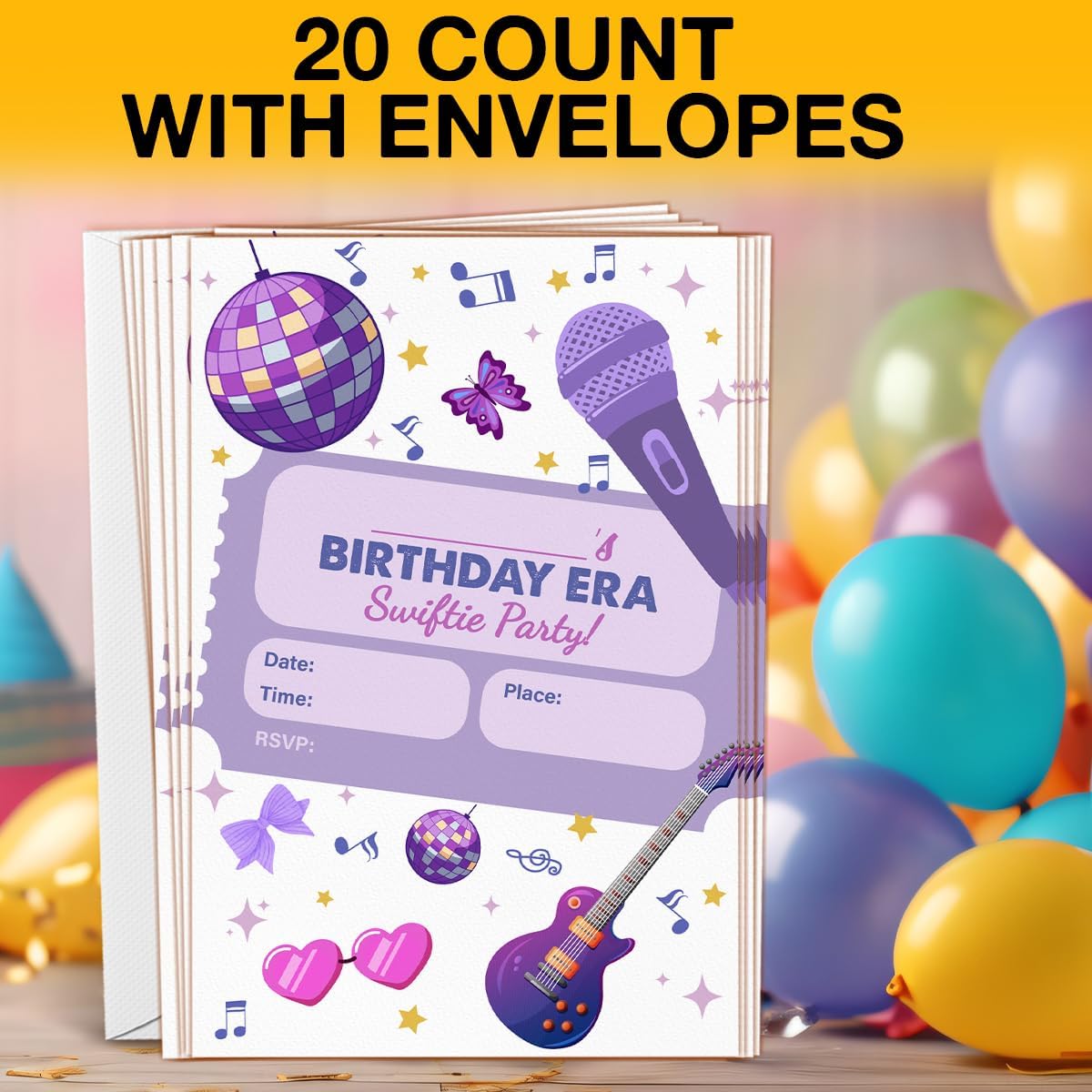 Music Singer Birthday Invitations for Teen Girls, In My Birthday Era Disco Theme Birthday Party Fill in Invites Cards With Envelopes (20 Count), Double Sided Design