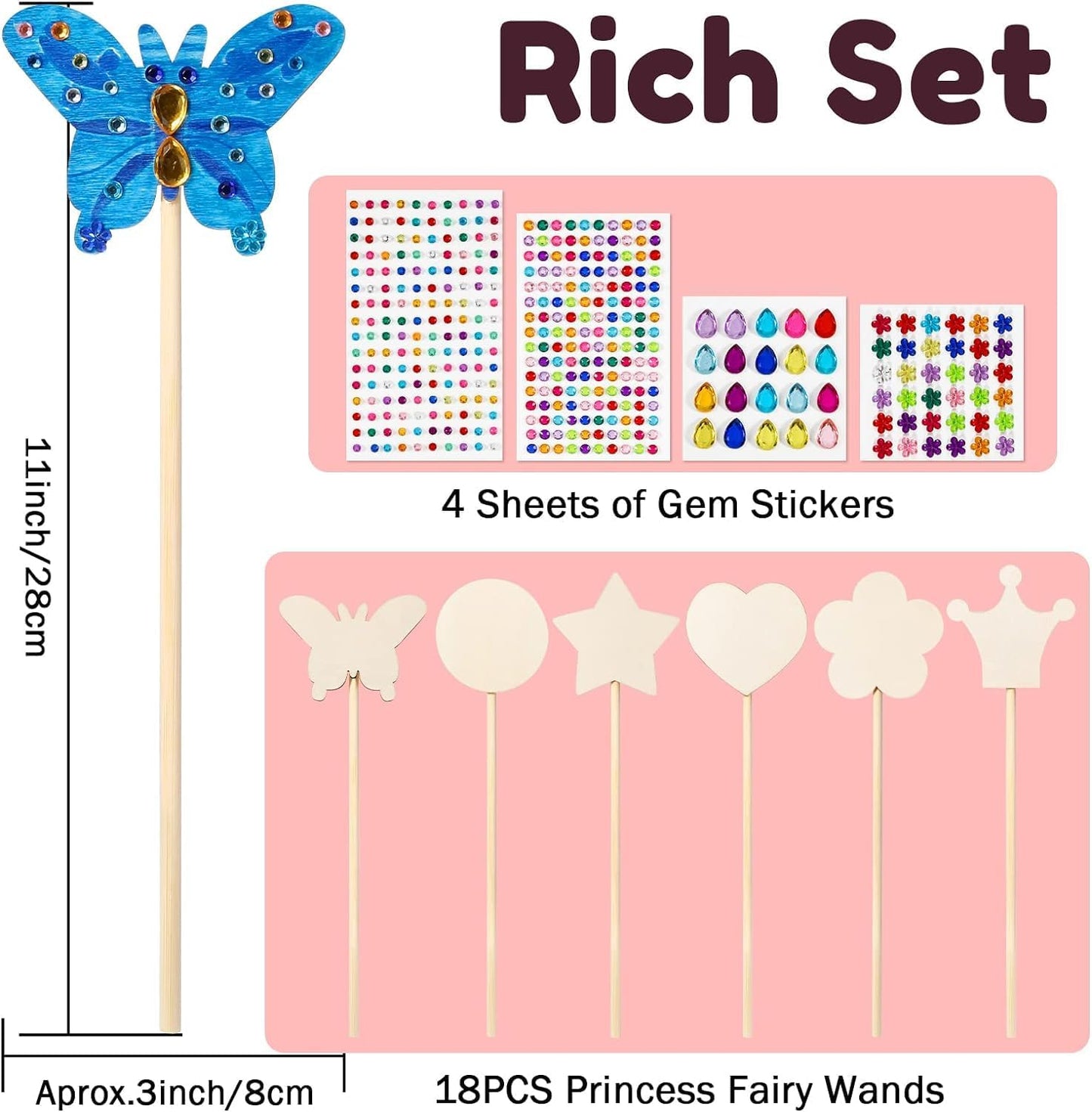 Pllieay Princess Fairy Wands Kit for Birthday Party Favors Decorations, Include 18 Pieces 6 Styles Unfinished Wooden Princess Wand and 4 Gem Stickers Princess Art Magical Show for Party Supplies
