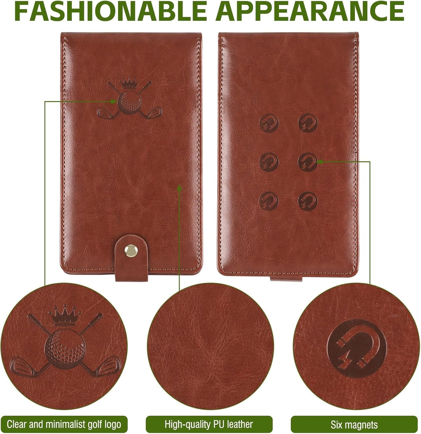 Archerest Magnetic Golf Scorecard Holder, 7.48" x 4.33" Premium Leather Yardage Book Cover Golf with A Pencil and Five Double Sided Printed Scorecards, Golf Accessories and Scorecard Book