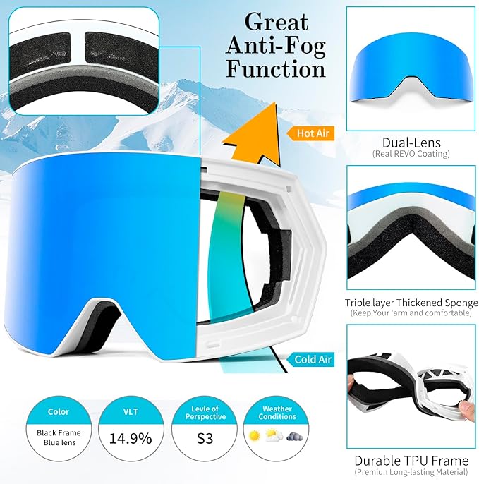 Ski Goggles for Men Women,Frameless UV Protection OTG Anti-fog Snowboard Snow Skating Goggles