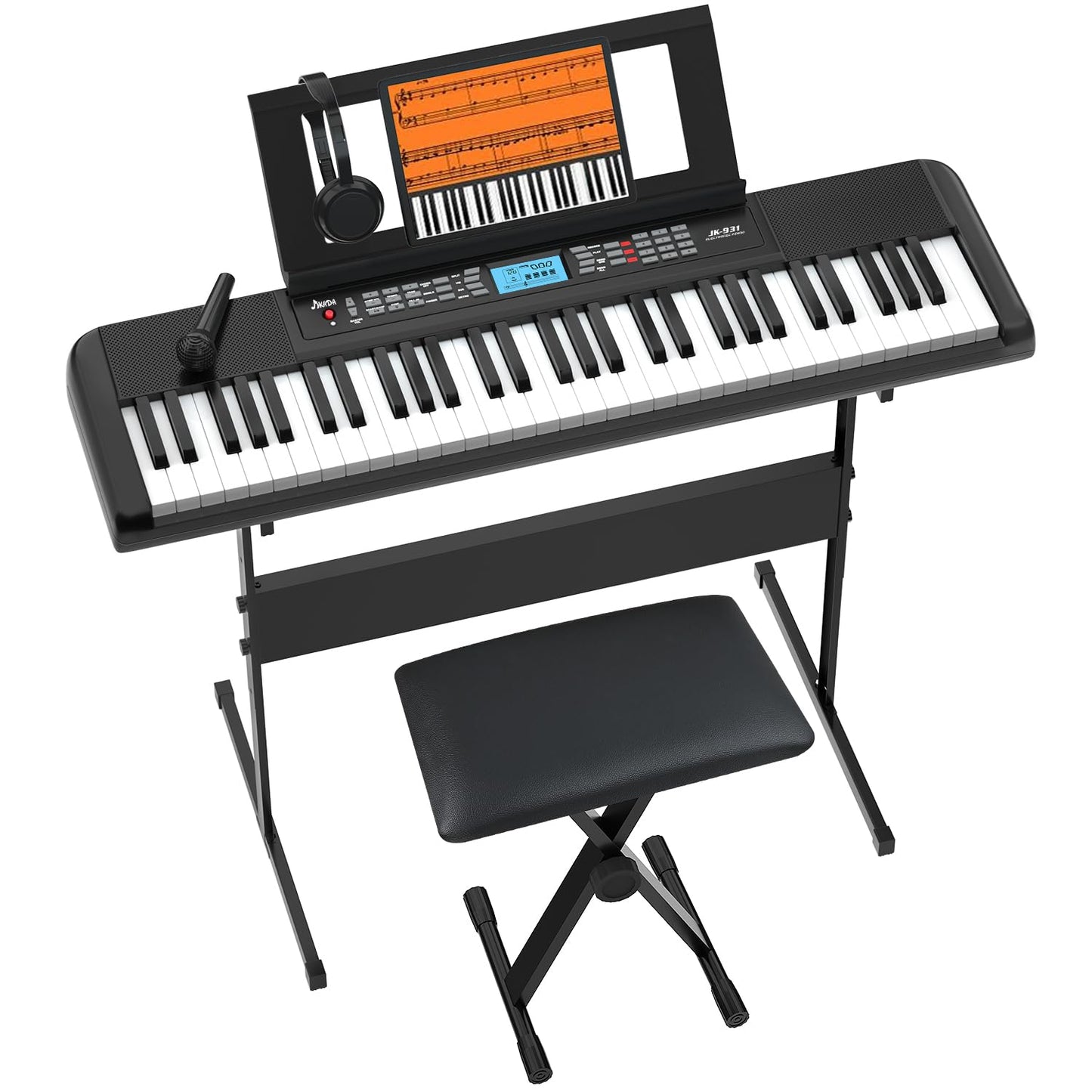 61 Key Keyboard Piano, Portable Electric Piano Keyboard w/LCD Screen, Built-In Speakers, Headphones, Stand, Stool, Music Rest, M