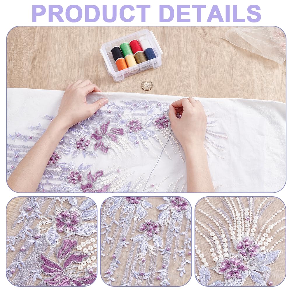 NBEADS 12 Yards Beaded Pearl Flower Fabric, 12.2inch Wide Beaded Flower Lace Applique 3D Floral Embroidered Mesh Fabric Handmade Sewing Tool for DIY Neckline Bodice Wedding Bridal Prom Dress, Lilac