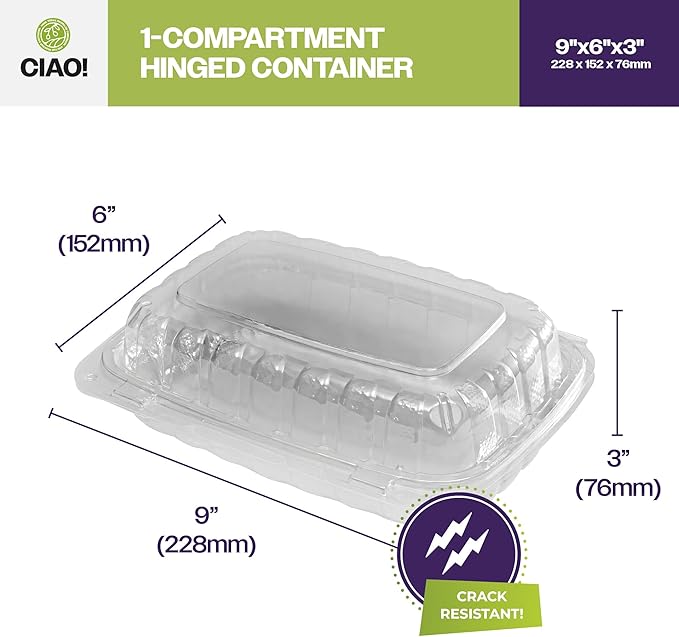CIAO! 9"x6"x3" 1 Compartment PP Plastic Clear Hinged Container for Take Out (Case of 200)