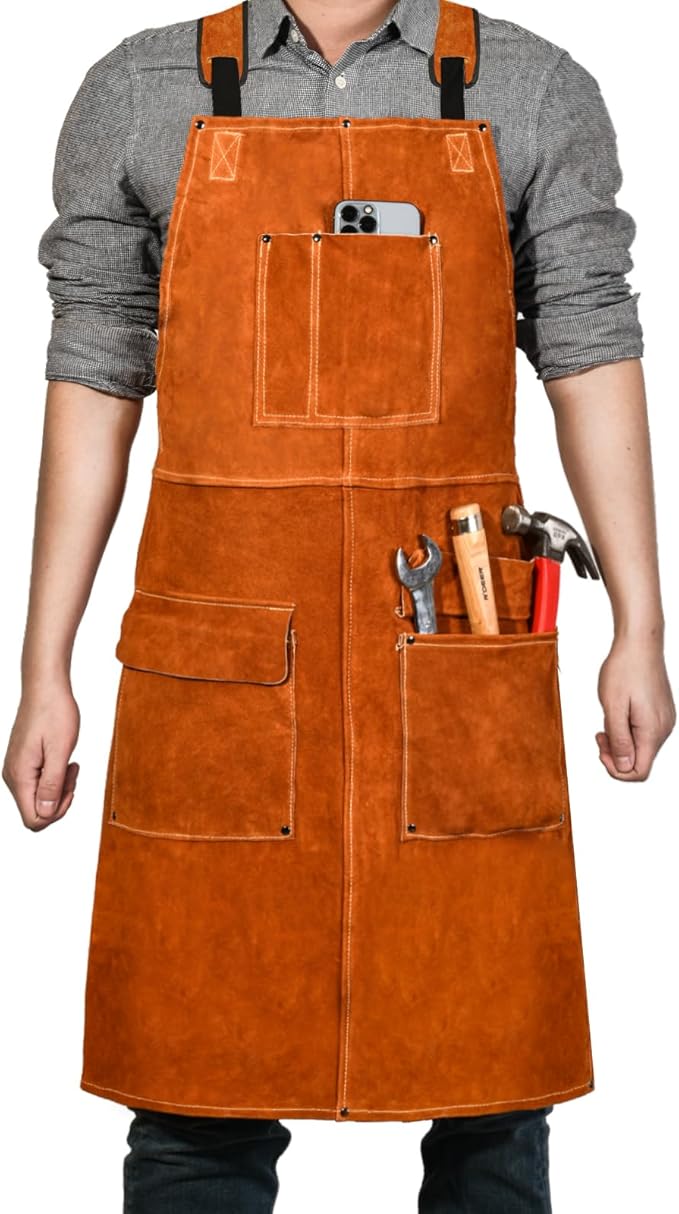 Leather Welding Work Apron - Heat Resistant & Flame Resistant Bib Apron, Flame Retardant Heavy Duty BBQ Apron