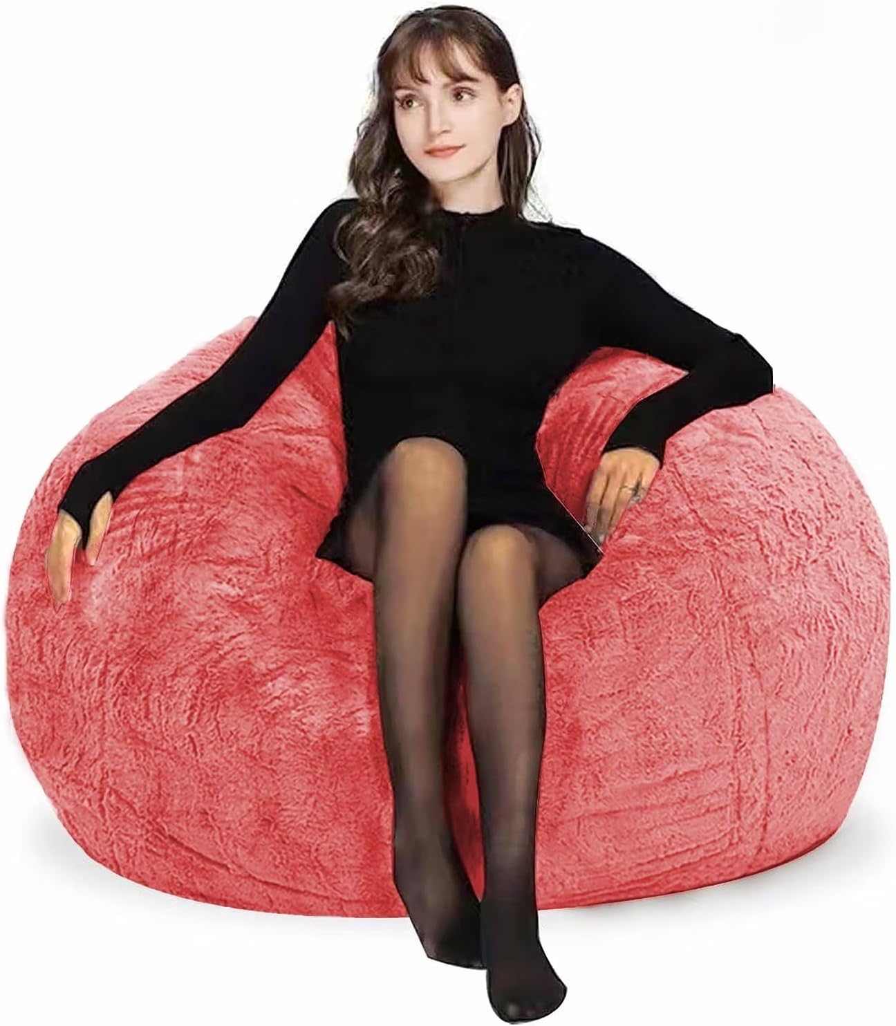 Bean Bag Chairs for Kids Comfy Fluffy Big Joe Bean Bag Chair Cover Without Filler Round Sofa Chairs for Bedroom Living Room Decor, 5FT, Rose Red