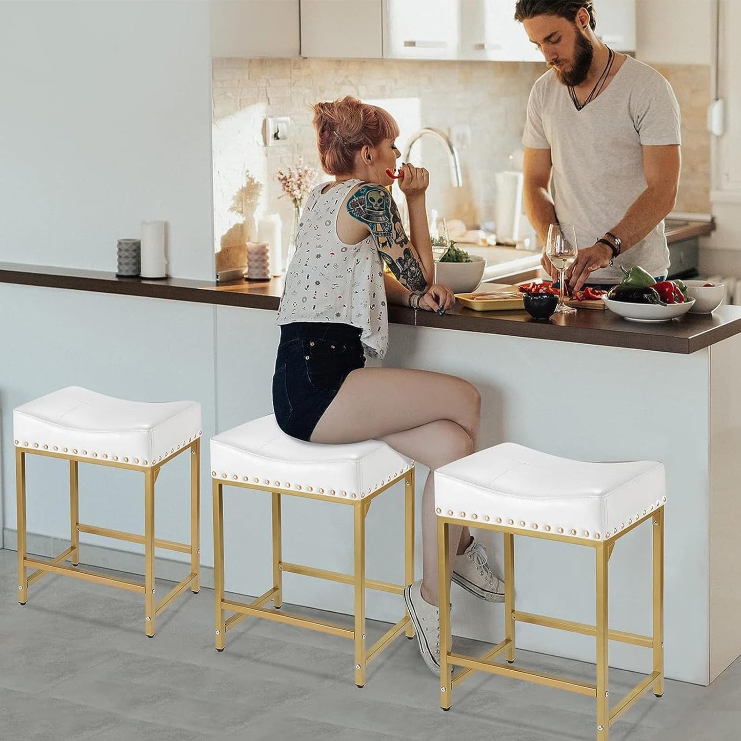 Bar Stools Set of 4 Counter Height, 24" Modern Off White & Gold Counter Stools Set of 4, Stools for Kitchen Counter, Modern Barstools Saddle Stool Backless Island(Off White+Gold)