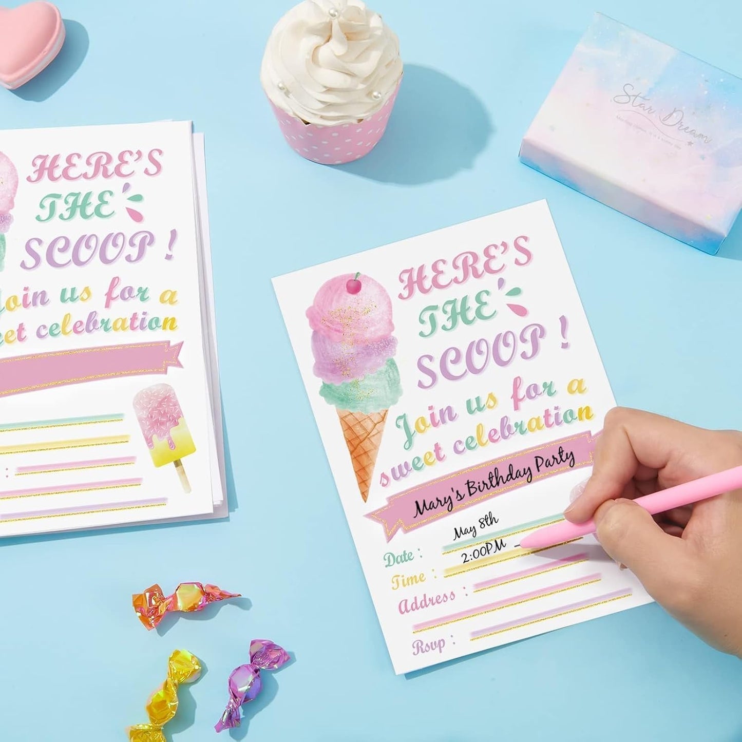 WERNNSAI Ice Cream Party Invitations with Envelopes -20 Sets Pink Ice Cream Birthday Invitations for Girls Sweet Popsicle Fill in Invite Cards for Baby Shower Wedding Party Supplies
