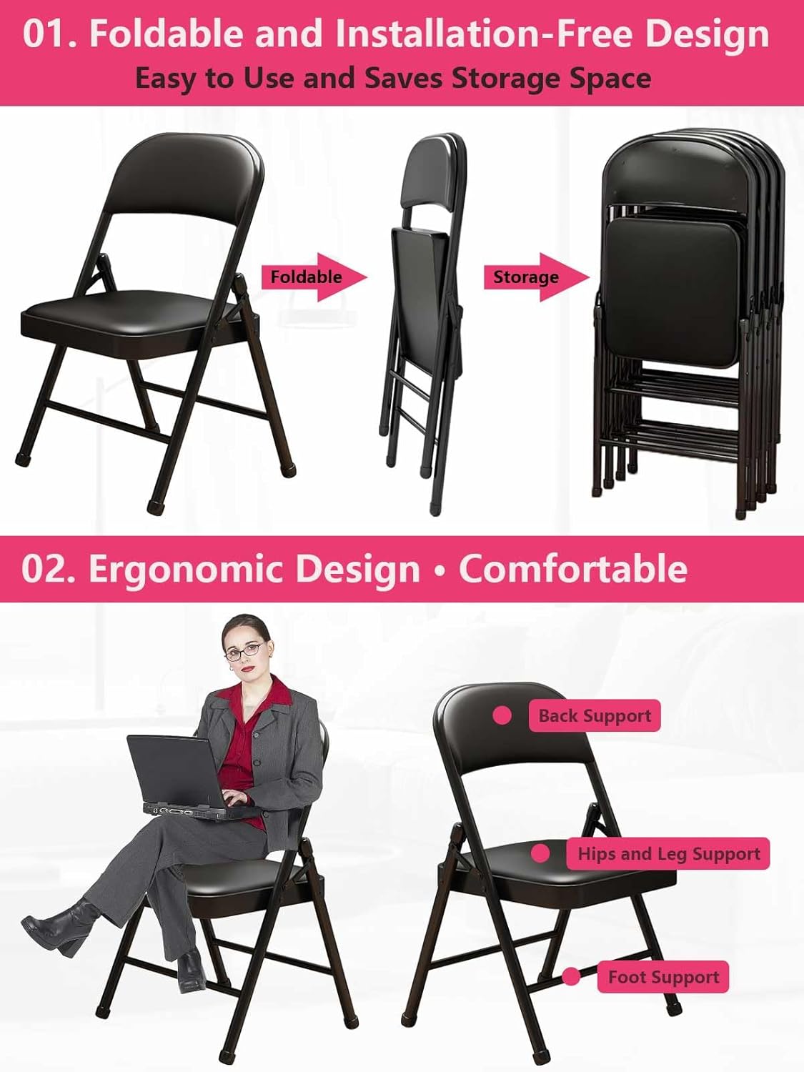 Black Padded Folding Chairs with Cushion 4 Pack, Heavy Duty Steel Metal Frame Foldable Chair for Indoor and Outdoor, Portable Stackable Commercial Seat for Bedroom Patio Party Event