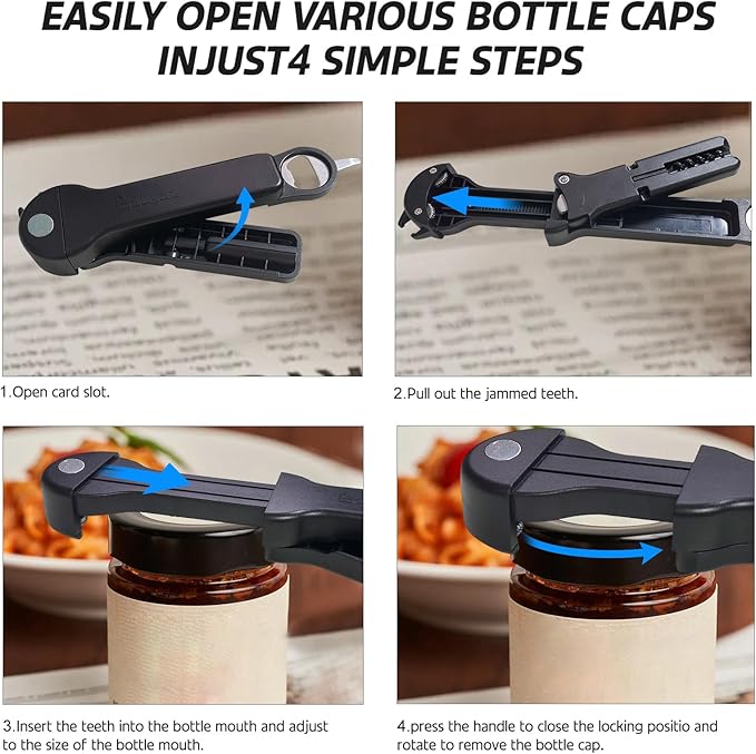 7 in 1 Jar Opener Bottle Opener and Wine Opener for Seniors with Arthritis, Weak Hands, Multi Retractable Magnetic Can Opener, Original Kitchen Lid Opener Tool (Black)