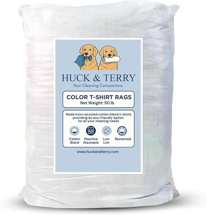Huck & Terry Tshirt Bag of Rags Multicolored (50LB), Cotton Blend, Paint Cloth and Multipurpose, Kitchen, Auto, Staining Rags, Lint Free Absorbent Washable 18 x 18 in (50 LBS Bag)