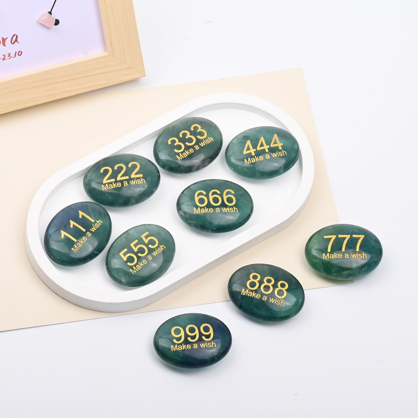 Palm Stone Gemstones, Healing Crystals Stone with Engraving Angel Numbers 999 for Lucky, Natural Hand Carved Green Fluorite for Inspirational Gifts, Meditation