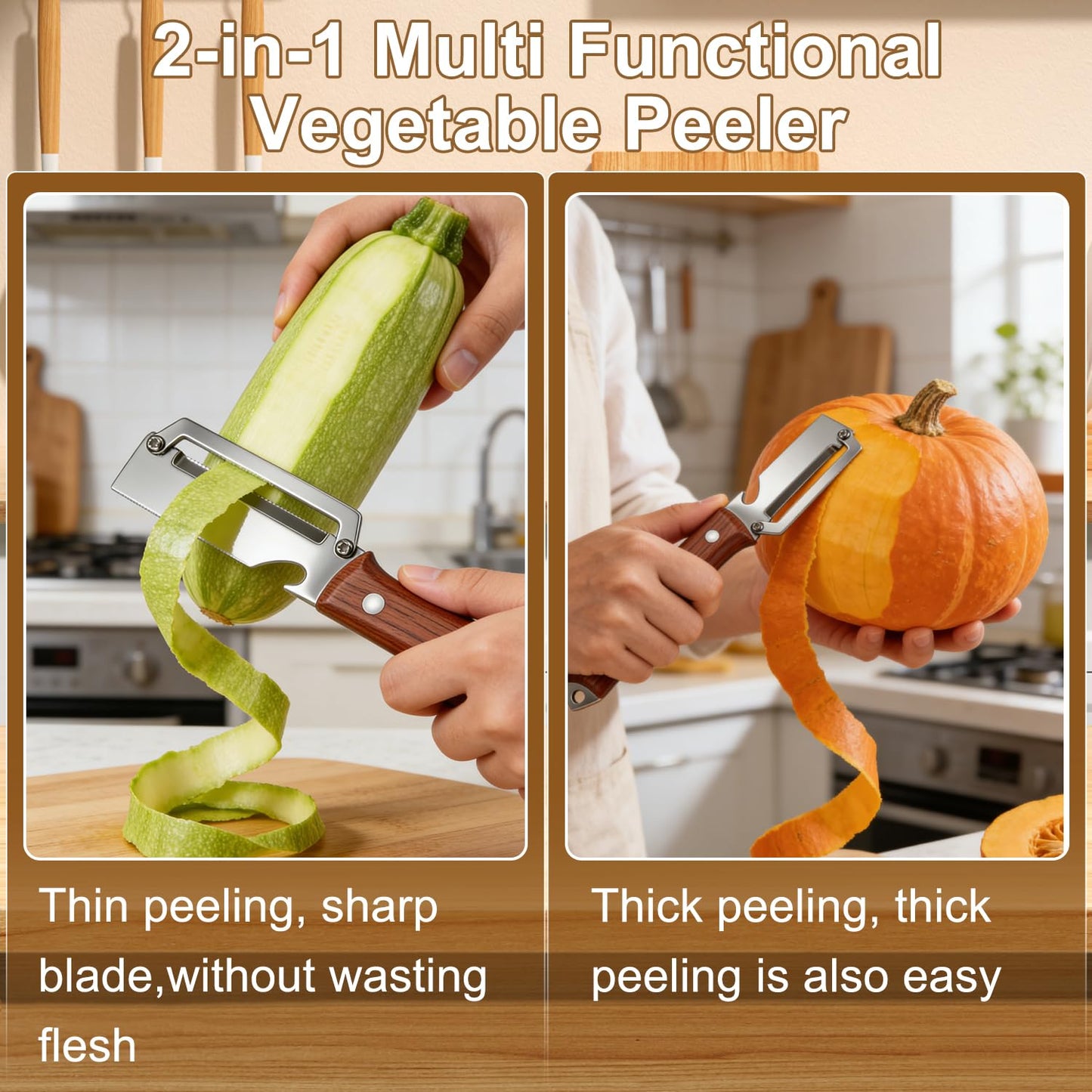 2PCS Premium Vegetable Peeler with Wooden Handle and Bottle Opener,Multifunctional 2-in-1 Stainless Steel Kitchen Tool for Potato Fruit Pineapple Pumpkin Papaya Carrot Vegetable Peeler(Mix)