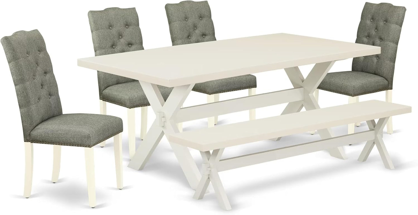 East West Furniture X027EL207-6 6 Piece Dining Set Contains a Rectangle Dining Room Table with X-Legs and 4 Gray Linen Fabric Parson Chairs with a Bench, 40x72 Inch, Multi-Color