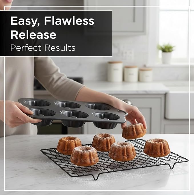 Wrenbury Nonstick Mini Buntz Cake Pan Non Stick for Baking - 6 Cup Bundlette Fluted Cake Tin for Small Cakes - PFOA Free and Dishwasher Safe - 3.75” Cup Width