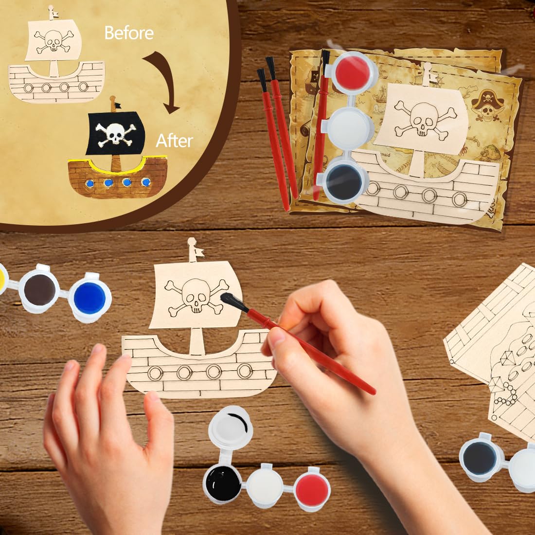 Jekocet ㅤ Pirate Party Favors 24 Pack Pirate Wooden Painting Craft Kits with Cards for Pirate Themed Party Decorations
