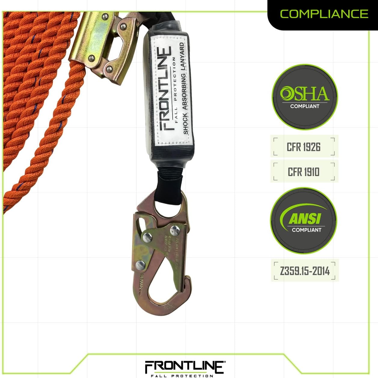 Frontline VLP50R3L Premium Vertical Lifeline with Openable Rope Grab 50' and Shock Pack | High Tenacity Polyester Material | Double Locking Closing Mechanism | OSHA & ANSI Compliant