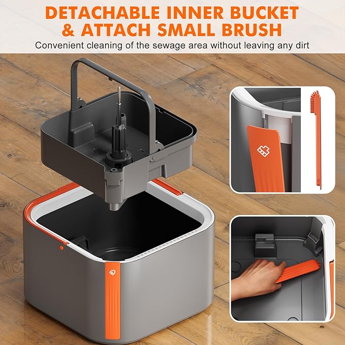 Upgraded Self-Standing Spin Mop and Bucket System, Detachable Inner Mop Bucket Separates Dirty Water & 90° Foldable Head, Triple-Scrub System, 0.9Gal Dual Drainage, for Hardwood Floors (Gray 6 Pads)