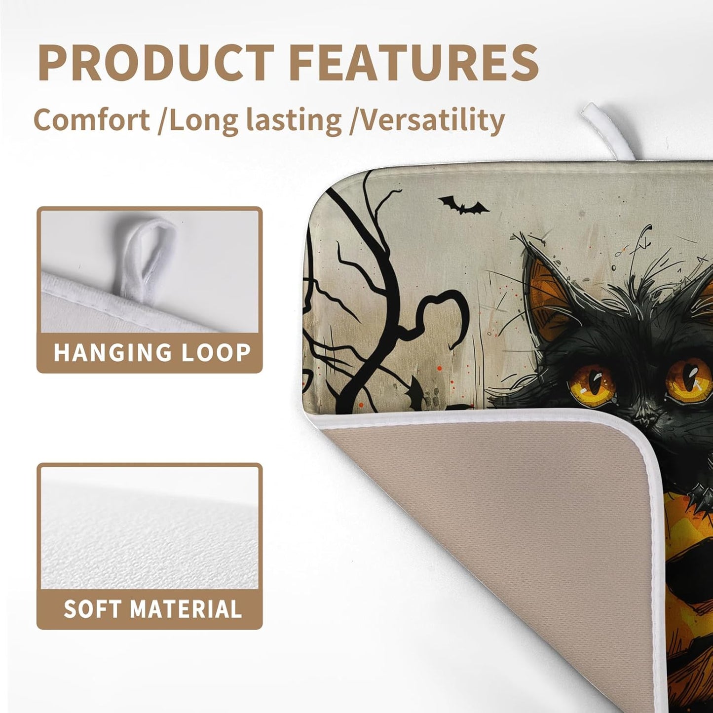 Black Cat Halloween Kitchen Dishes Drying Mat 16x18 Inch Halloween Fall Pumpkin Bat Dish Drying Mats for Kitchen Counter Absorbent Microfiber Dish Rack Mat Drainer Pad for Coffee Bar Sinks