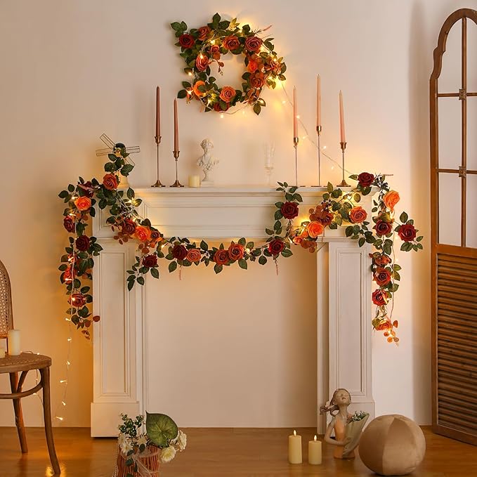 5FT Terracotta Artificial Flower Garland Fall Floral Garland Burnt Orange Arch Rose Vine for Wedding Ceremony Party Backdrop Decor Arch Flowers Mantel Table Centerpieces Decorations
