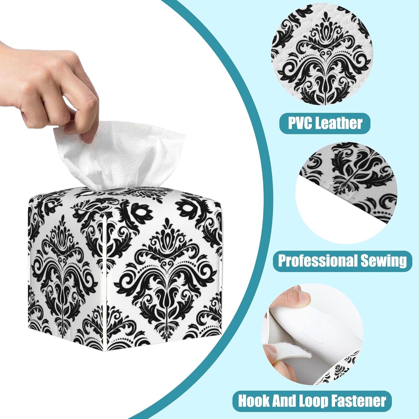 Vintage Damask Floral Tissue Box Cover Square,Leather Tissue Holder,Waterproof Leather Facial Paper Organizer Tissue Box Cover for Home Office Bathroom Vanity Countertop,5.2" x 5.2" x 5.2"