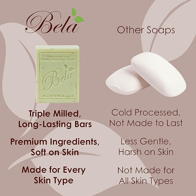 BELA Spearmint and Bran Soap 3.3 OZ Pack of 12, Long Lasting French Triple Milled Bar Soap with Organic Shea Butter, Hand, Face and Body Wash Bar, Made in Australia