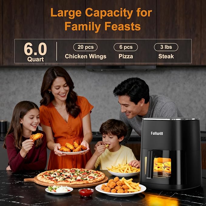 Fullwill Air Fryer with Viewing Window 6QT,5-in-1 Multi-Function(Air Fry,Roast,Bake,Reheat,Dehydrate) plus 7 One-Touch Presets for Wings,Fries,Steak and More,95% Less Oil Cooking for Families