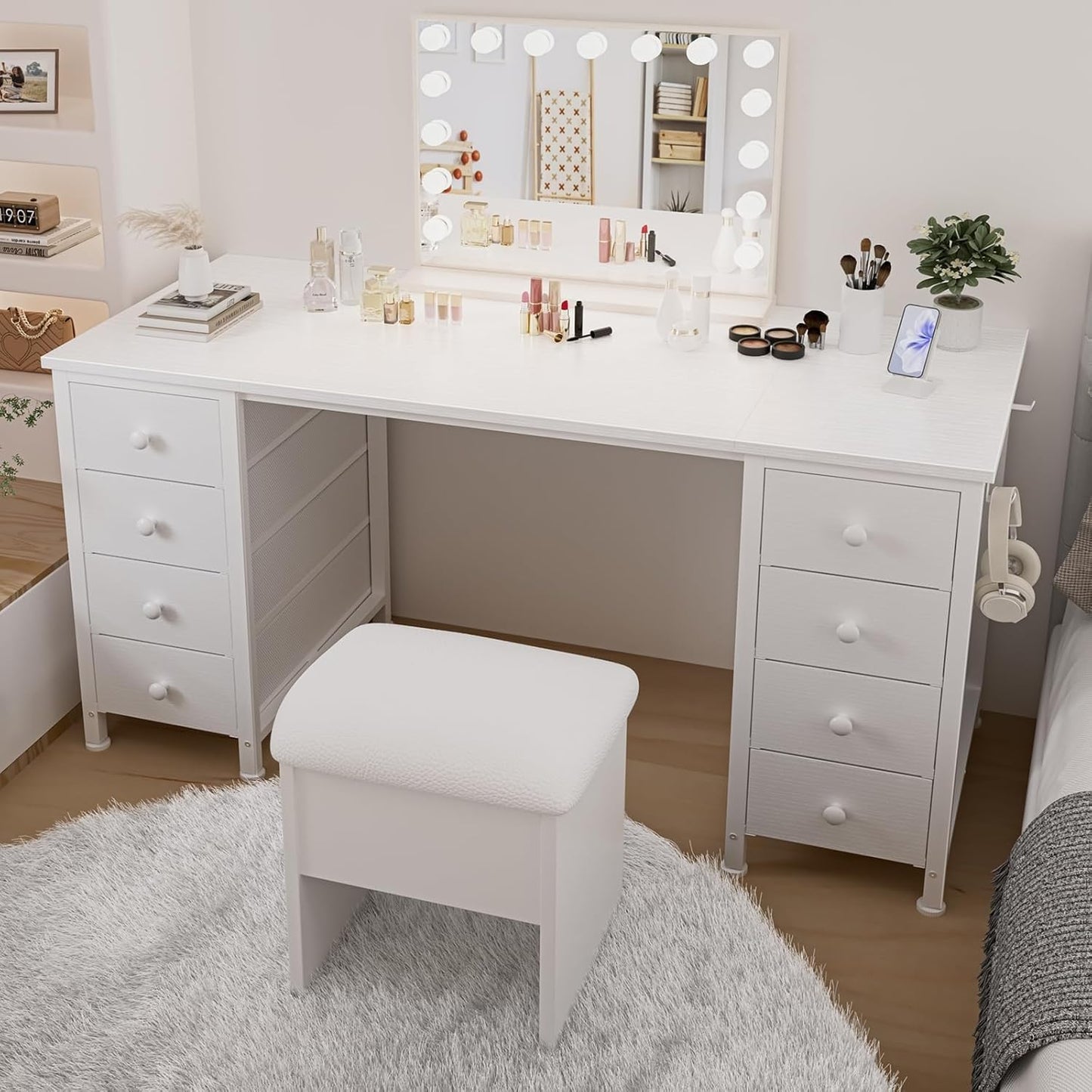 White Vanity Desk No Mirror - 47 Inch White Office Computer Desk with 8 Fabric Drawers on Both Sides for Girls, Makeup Work Writing Study Desks, Vanity Table No Mirror for Bedroom