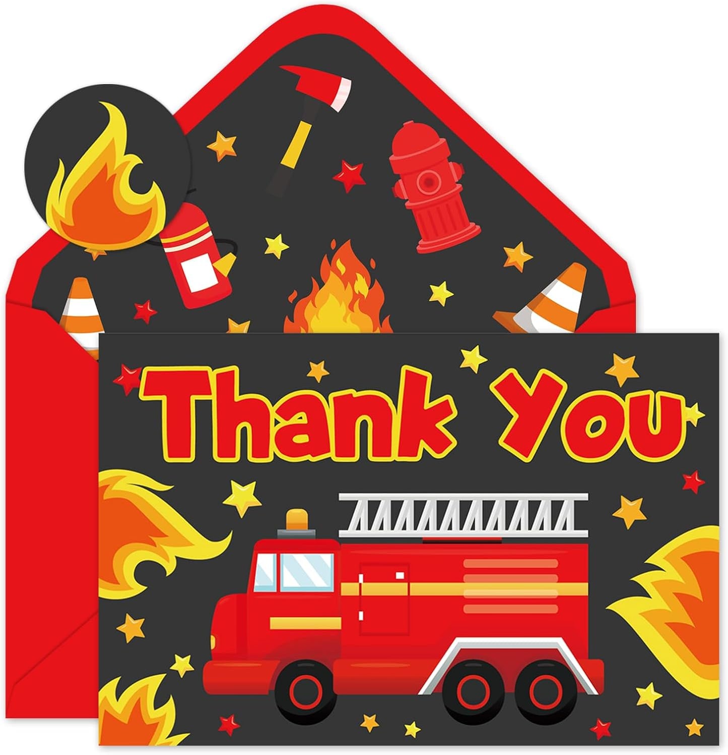 Whaline 24Pcs Firetruck Thank You Cards with Envelopes and Stickers Red Black Fire Hydrant Star Greeting Card Blank Note Card for Fireman Party Supplies