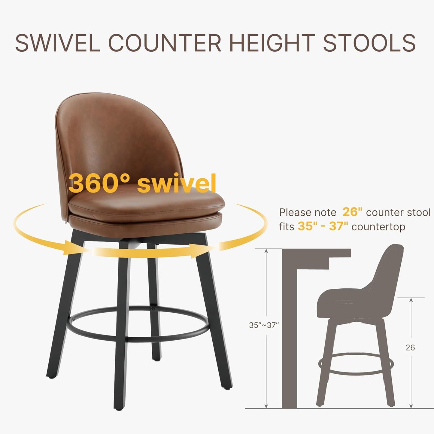 Counter Height Barstools 26 inch Upholstered Swivel Bar Stools with Back and Wood Legs for Kitchen Island,Set of 4,Brown PU Leather-Armless