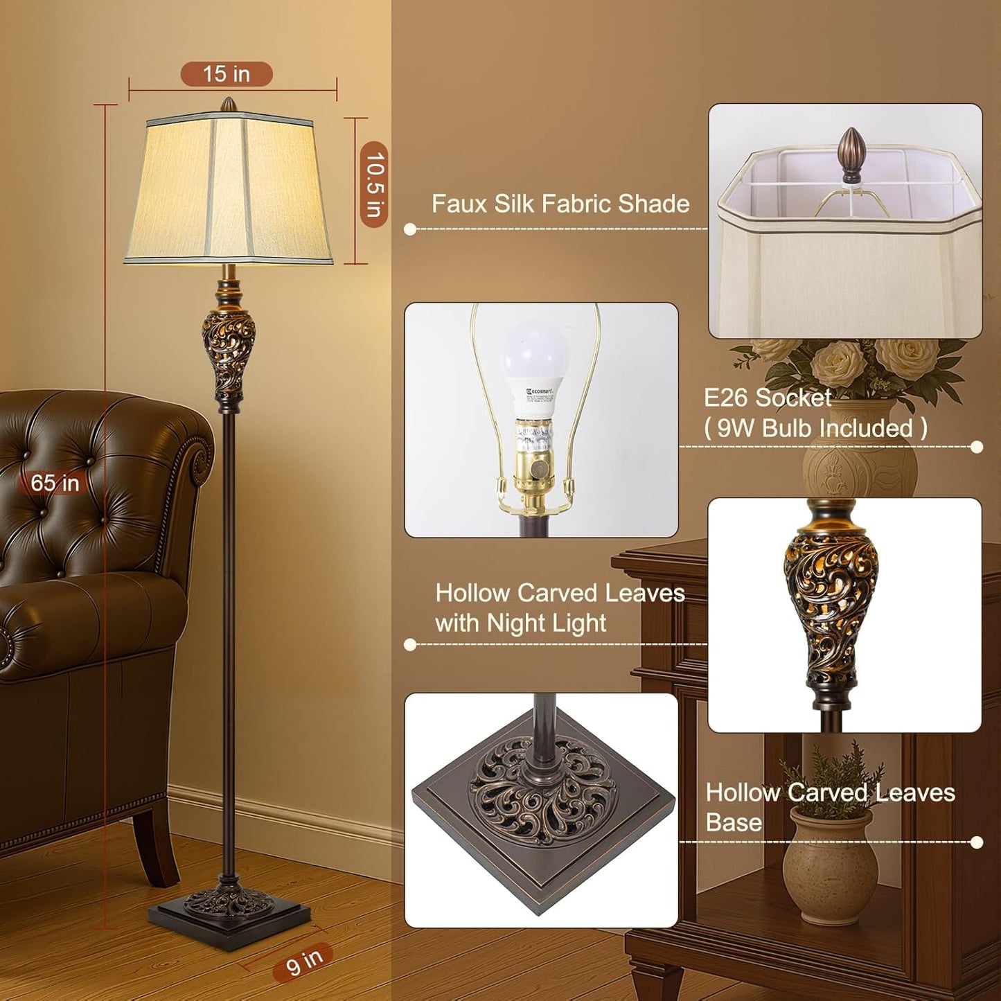 Vintage Floor Lamp with Night Light, 65" Retro Standing Lamp with Brown Finish and Beige Faux Silk Shade, Farmhouse Industrial Design Tall Lamp for Living Room Bedroom Bedside Corner (Bulb Included)