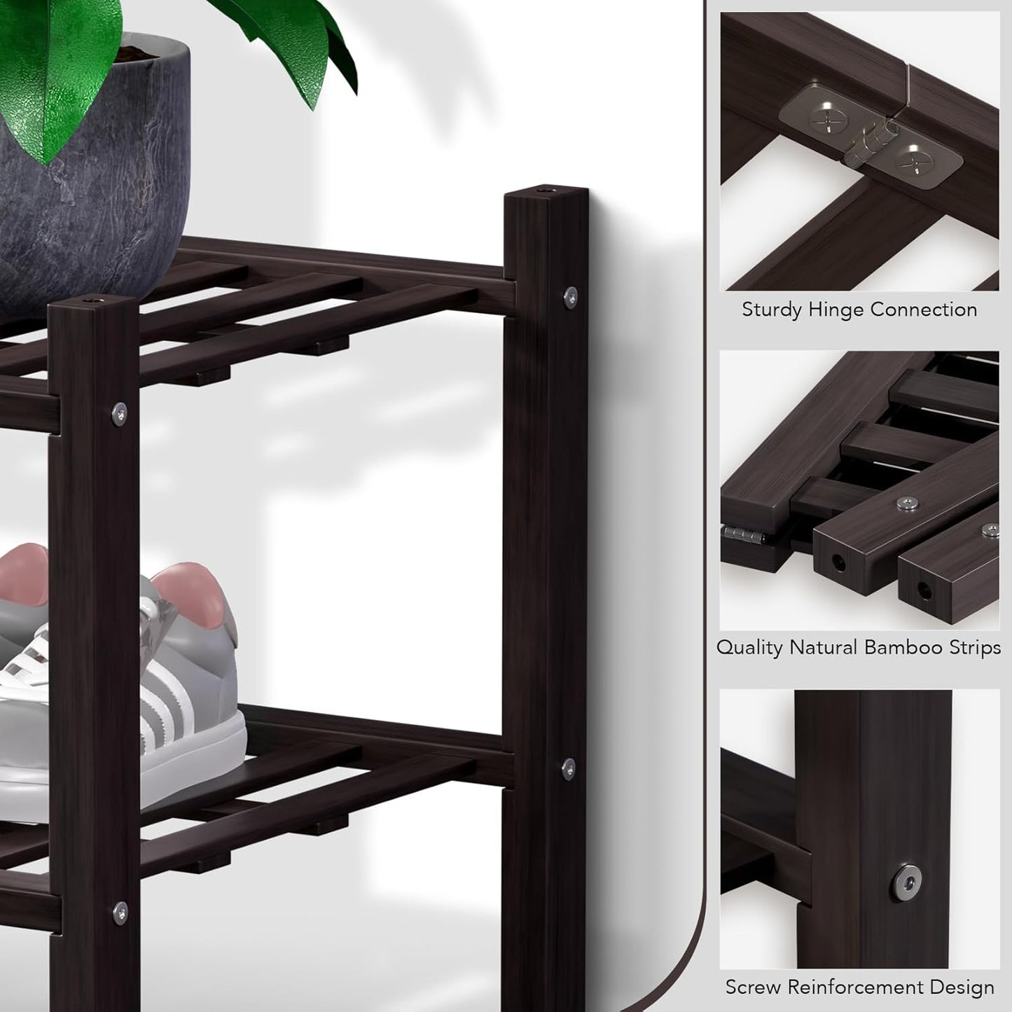 Haddockway Long 2 Tier Bamboo Shoe Rack Storage Organizer, Multifunctional Free Standing Stackable Shoe Shelf with Grid Panel for Closet,Hallway,Entryway,Small Space 34.2"x11"x13"(Brown, 2-Tier(Long))