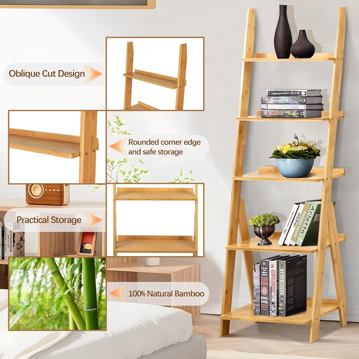 DOUSY- 5-Tier Bamboo Ladder Shelf Ladder Bookshelf Plant & Flower Stand Bookcase, Freestanding Storage Rack Organizer Display Shelf for Living Room, Home Office, Bedroom, Balcony, Natural Wood