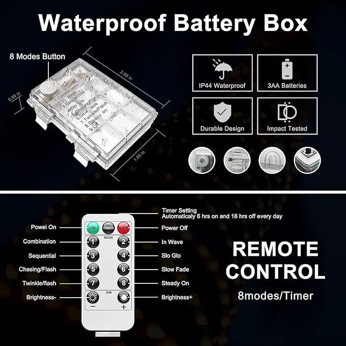 JMEXSUSS 2 Pack White Christmas Lights Battery Operated Rope Lights Outdoor Waterproof, Total 200 LED 8 Modes Battery Powered String Light with Remote for Tree Christmas Decorations