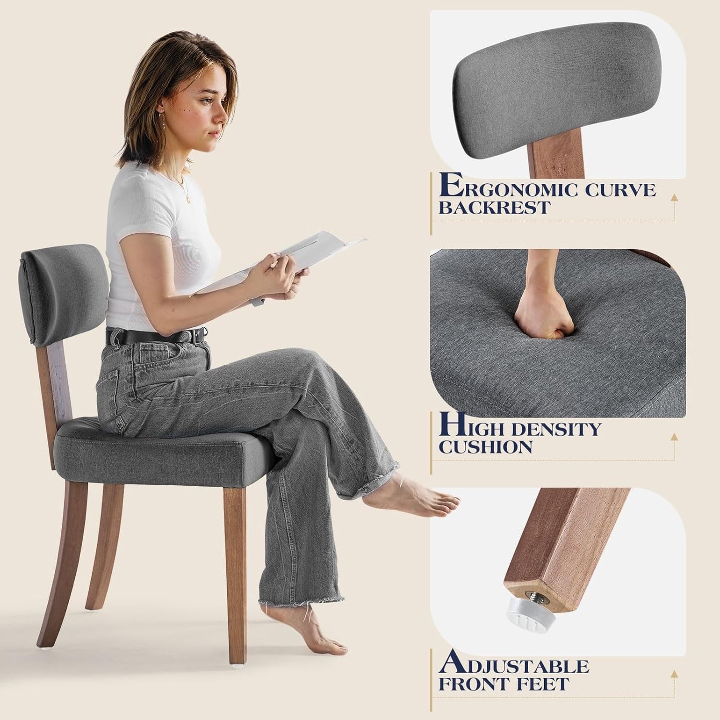 Mid Century Modern Dining Chairs Set of 4, Linen Upholstered Kitchen Chairs with Curved Backrest & Adjustable Legs for Living Room/Lounge, Easy to Install, Grey Linen