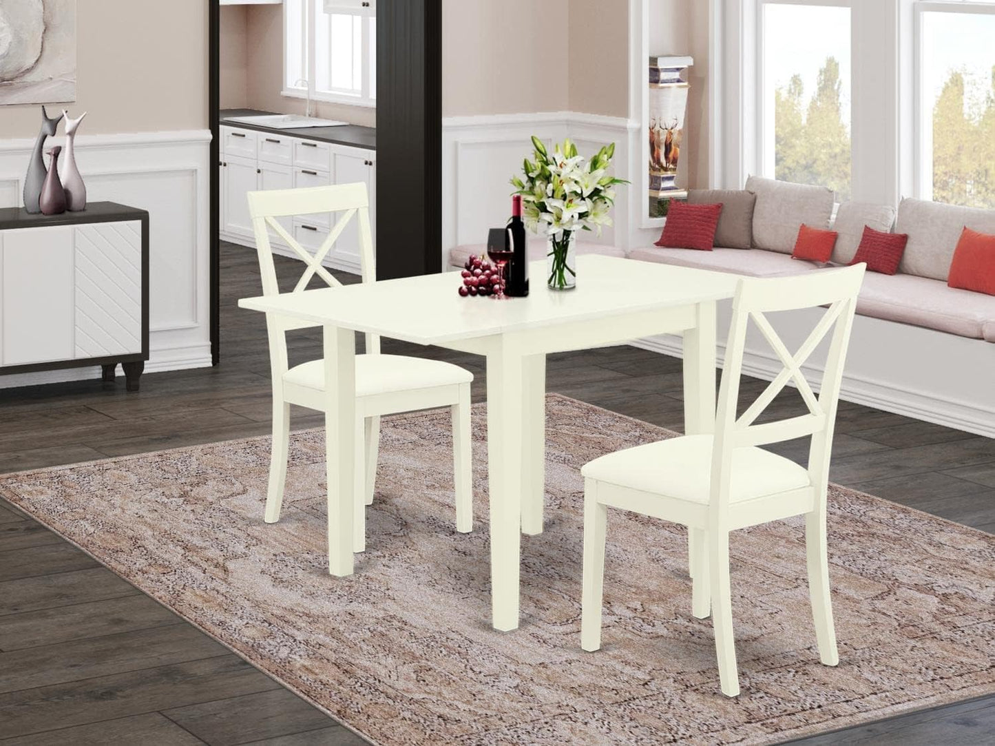 East West Furniture NDBO3-LWH-LC 3 Piece Dining Room Table Set Contains a Rectangle Dining Table with Dropleaf and 2 Faux Leather Upholstered Chairs, 30x48 Inch, Linen White