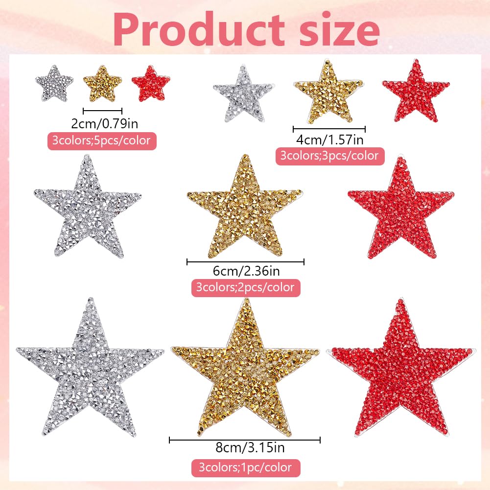 BEUNITONE Iron-On Star Patches for Clothing, 33PCS Glitter Rhinestone Stars in 4 Sizes, Crystal Star Patches Sew-On Alternative for DIY Hat, Jacket, Jeans, DIY Embellishment Kit, Gold Silver Red