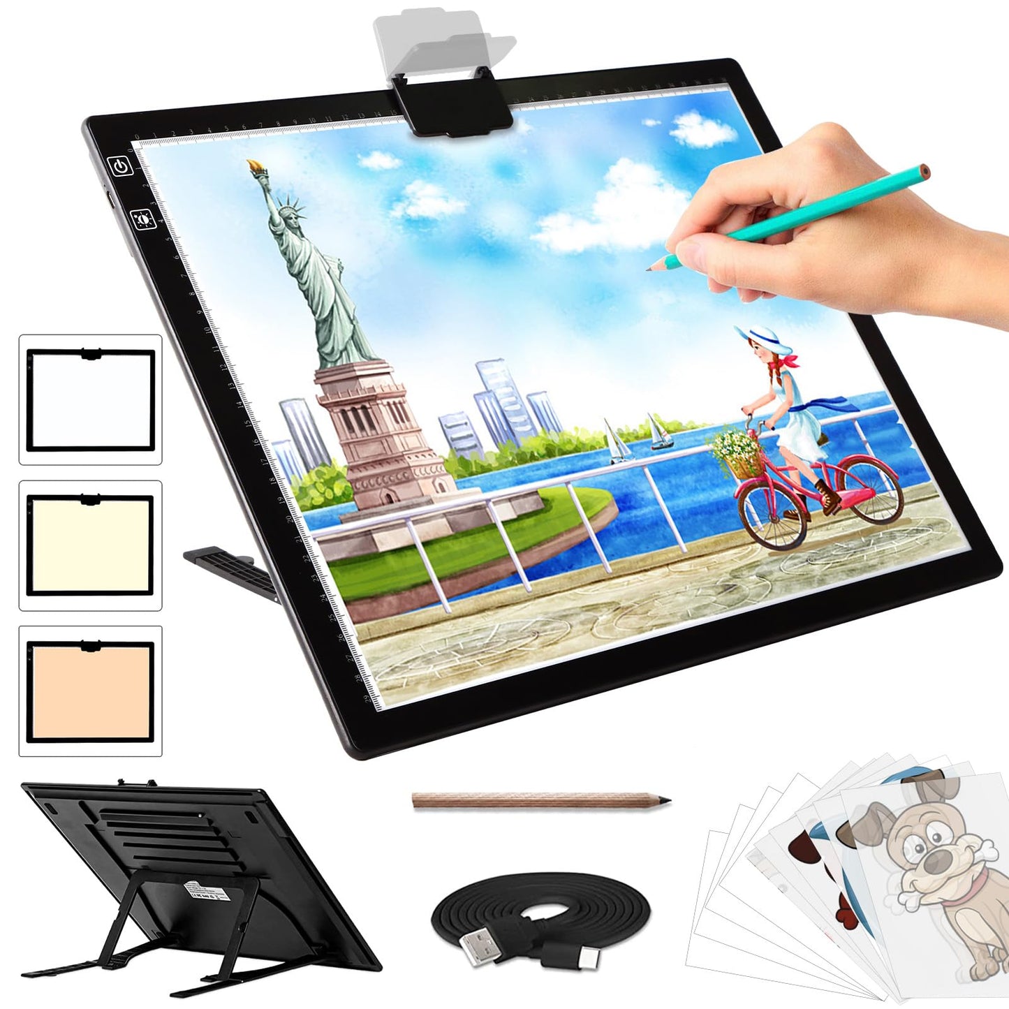 A3 Light Pad - Rechargeable Diamond Painting Light Board with Stand, 3 Colours Stepless Dimmable 6 Levels Brightness Tracing Lig