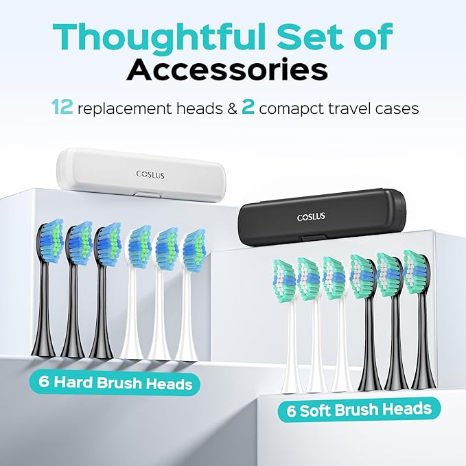 COSLUS Sonic Electric Toothbrush for Adults: 47000 VPM for Deep Cleaning & Whitening with Travel Case - 5 Modes for Sensitive Teeth & Braces, Wireless Charging, 6 Brush Heads, Black & Green (2PCS)