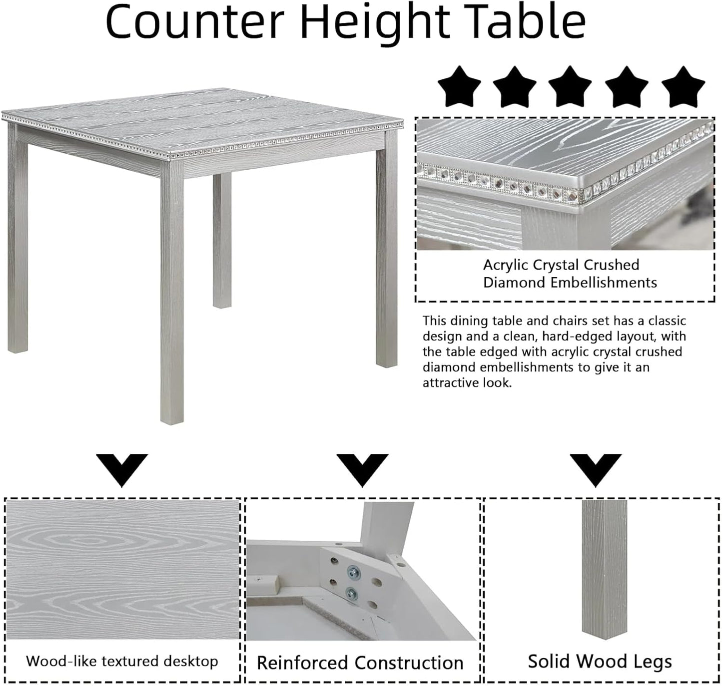 Dining Table Set for 4, 5-Piece Dining Room Table Set with Square Crystal Decoration Table & 4 Upholstered Backrest Chairs, Counter Height Kitchen Sets with Faux Wood Grain Design, Silver Gray