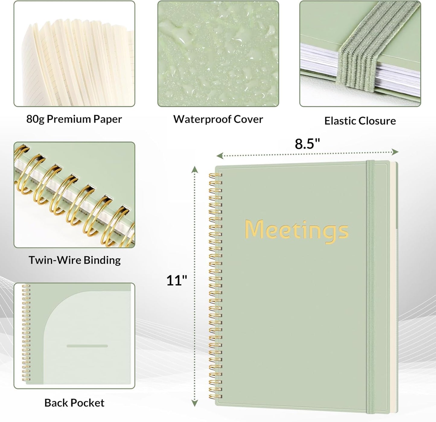 SUNEE Half Meeting Half Note 8.5"x11" Notebook for Work – 140 Pages, A4 Size Project Planner for Women&Men, Minutes Organizer for Meeting Notes, Ideas for Office/Business, PVC Waterproof Cover, Green