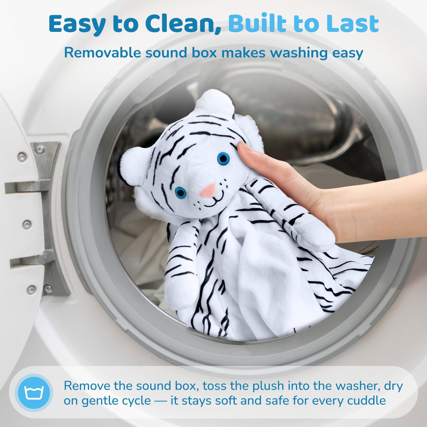 Love By Emi 4 in 1 Baby Lullaby Sleep Soother Toy - Stuffed Animal Sound Machine & Pacifier Holder | Heartbeat White Noise & Music | Plush White Tiger Lovey Sleep Aid Security Blanket (0-3 Years)